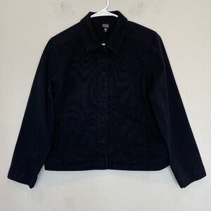 Eileen Fisher Denim Jacket Women's Size M Black Snap Closure Stretch Pockets